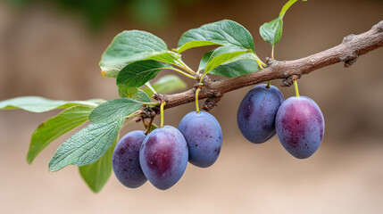 Ripe purple plums on branch with green leaves in orchard setting