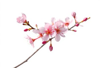 Obraz premium Delicate pink peach blossoms in full bloom on a slender twig, isolated against a pure white background, peach tree, delicate