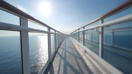 Scenic walkway on upper deck with glass railings overlooking the ocean on a sunny day