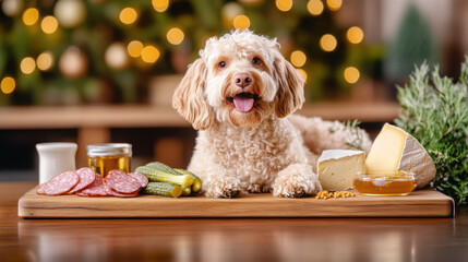 Gourmet charcuterie board with pickles, cheese, and salami in a festive holiday setting