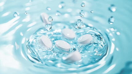 Dissolvable pills in water creating a pure and clean medicine concept