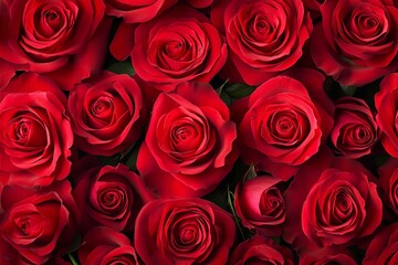 Lush bouquet of red roses in full bloom with velvety petals and rich green leaves, symbolizing romance, passion, and timeless elegance