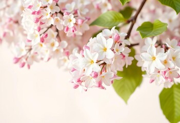 Obraz premium Delicate white lilac blossoms on a soft, light background, springtime ambiance, spring, closeup