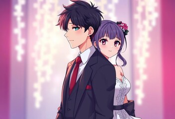Elegant attire, formal wear, youthful couple, anime style, couple, aesthetic