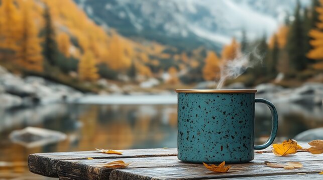 Autumn Coffee by Mountain Lake.