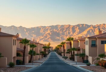 Endless beige houses, palm trees, distant rugged mountains, community, Nevada