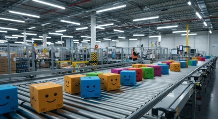 Automated warehouse with conveyor belt carrying colorful boxes featuring smiling faces, showcasing efficient order fulfillment processes