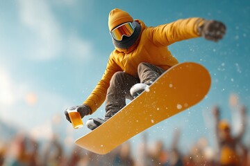 snowboarder jumping with drink in hand during festive après-ski party in the mountains