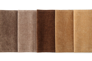 Samples of different fabrics isolated on white, top view