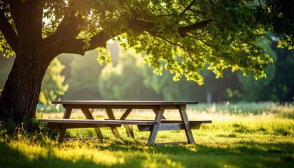 Naklejka premium Peaceful Picnic Spot: Tranquil scene of a wooden picnic table under a large tree in a sun-drenched park, perfect for a relaxing outdoor lunch.