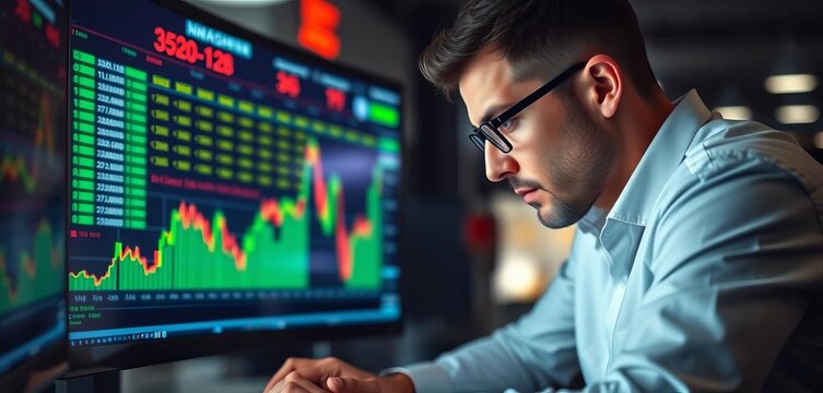 Focused broker intently reviewing stock market data on a computer screen, bear market, stock exchange