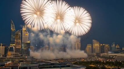 Spectacular fireworks light up the skyline during a vibrant celebration in the heart of the city at twilight - Powered by Adobe
