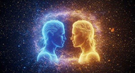 Two ethereal figures, blue and gold, facing each other within a swirling cosmic energy field