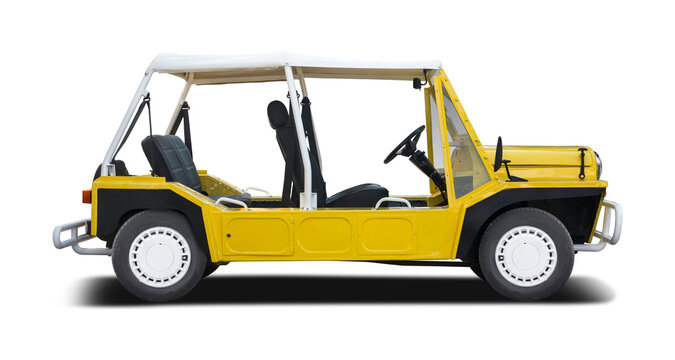 Mini Moke utility car side view isolated on transparent background. PNG
