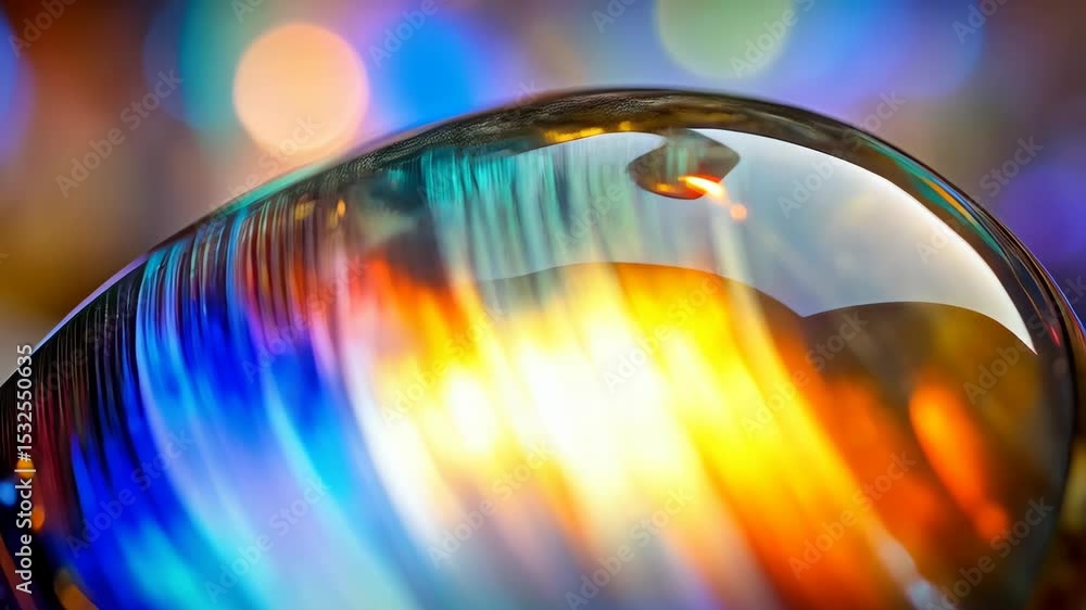 Poster close-up on transparent abstract oval object with swirling rainbow colors and blurred bokeh backgrou