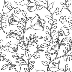 Coloring book. Seamless pattern of abstract fantasy flowers in folk style. Vector illustration in doodle style