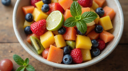 Obraz premium Fresh fruit salad with vibrant colors, including strawberries, blueberries, kiwi, and mint leaves, garnished with lime slices