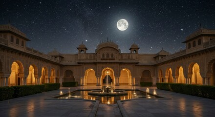 Nighttime view of an ornate courtyard with a full moon, arches, and a fountain.  Illuminated by warm light,  a beautiful architectural scene