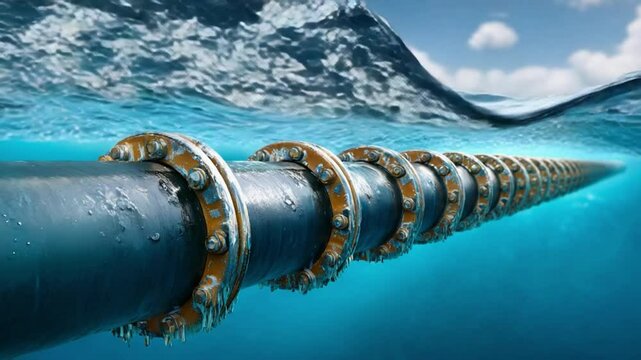 Underwater Cable System: A close-up view of a large underwater cable system, showcasing its robust construction and intricate details, with the ocean's surface visible above.