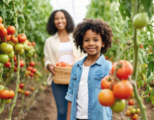 Selective focus on tomatoes on foreground. Blurred mother and child in a home greenhouse on background, amidst beautiful fresh growing tomato plants and red tomato fruits. Admiring the harvest. 