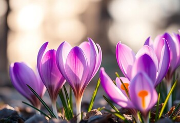 Fototapeta premium Pale purple crocus petals unfurl, bathed in soft moonlight, floral photography, awakening