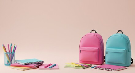 Back to school supplies, pink and teal backpacks