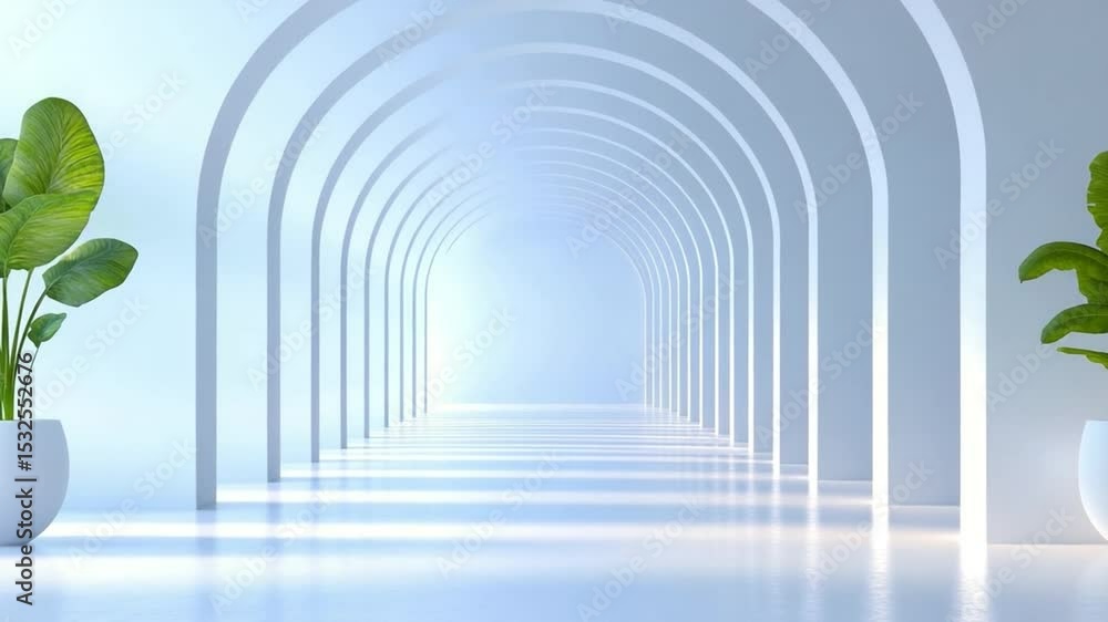 Poster architectural harmony: an artistic perspective of a corridor of arched doorways, bathed in ethereal 