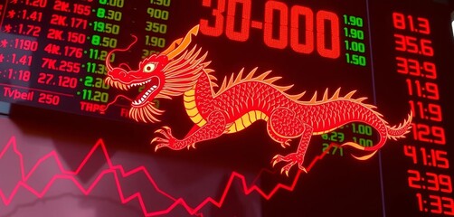 Red stock ticker with a stylized Chinese dragon, fiery and dynamic, superimposed on a financial board,  economy,   ticker tape