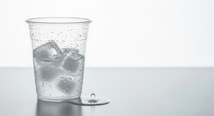 A clear plastic cup filled with ice cubes and water. A small puddle of water forms on the surface beneath the cup. The background is plain and light-colored.