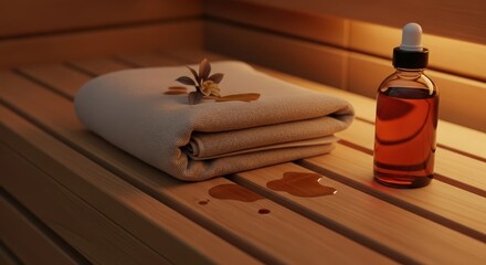 A folded white towel rests on a wooden sauna bench. An amber oil bottle sits nearby, with a few drops spilled on the surface. Soft lighting enhances the serene atmosphere.