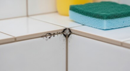 Close-up of a bathroom tile corner with water leakage. A green sponge and a yellow bottle are visible in the background.