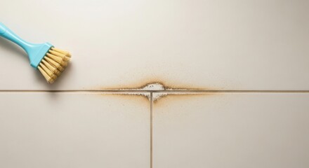 A close-up of a cleaning brush on a tiled surface with a visible stain. The brush has a blue handle and bristles, while the tile shows discoloration around the grout.