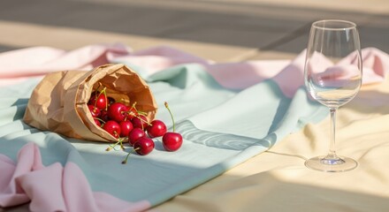 A paper bag spills fresh cherries onto a pastel-colored blanket. A clear wine glass sits nearby, reflecting sunlight.