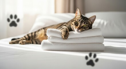 A relaxed tabby cat lies on a stack of white towels on a bed. Sunlight filters through a window, creating a warm atmosphere.