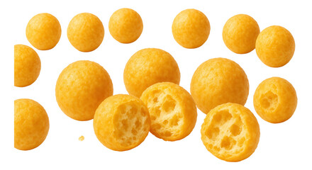 Round cheese balls with a crunchy texture, showing whole and halved pieces.