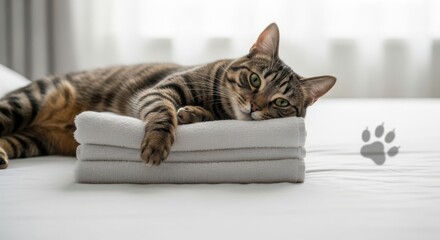 A relaxed tabby cat rests on a soft gray blanket. The cat has distinctive stripes and large green eyes, lying comfortably on a bed with natural light.