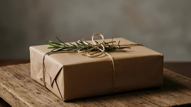 Wrapped Brown Paper Gift with Fir Sprig and Twine on Wooden Surface with Rustic Gray Background