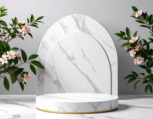 White empty marble interior in a classic style with a podium, columns and flowers