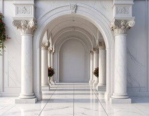 White empty marble interior in a classic style with a podium, columns and flowers
