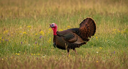 Fototapeta premium Wild turkey in a grassy field