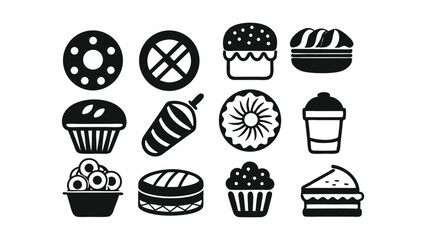 Collection of Delicious Fast Food and Bakery Icons Donuts, Burgers, Cupcakes, Muffins, and More!  Perfect for Restaurant Menus, Food Blogs, and Apps