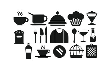 Collection of Black and White Food and Drink Icons Restaurant, Cafe, Bakery, Culinary, Kitchen Utensils, and More