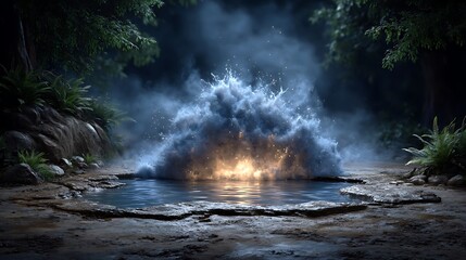 Realistic high-definition water at night, glowing with inner neon light, fog hovering over it, and scattered flares piercing through the rising steam.