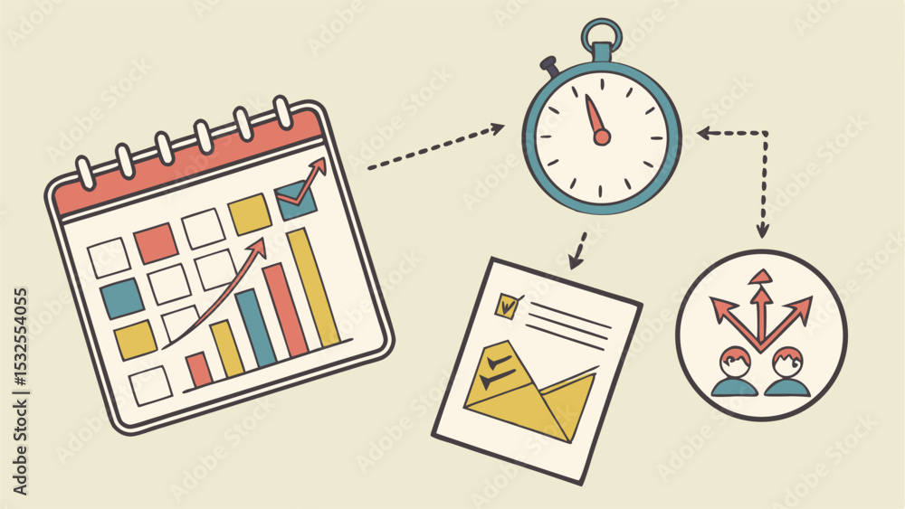 Poster illustration showing calendar with graph, timer, document and decision making icon arrangement view