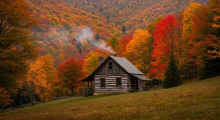 Rustic cabin nestled in a vibrant autumnal landscape. Tranquil scene of fall foliage surrounding a log cabin with smoke rising