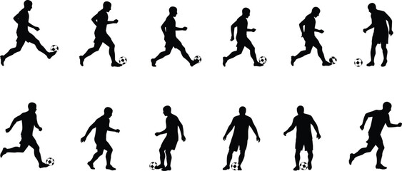 Soccer player silhouette vector illustration running with football, dribbling, kicking, training, dynamic motion pose