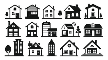 Fototapeta premium Collection of residential home and building silhouettes with rooftops, windows, and trees – perfect for real estate, city planning, or infographic design elements