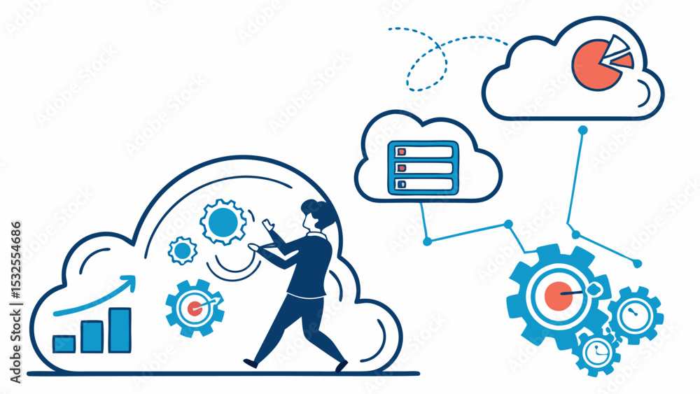 Poster illustration of a man interacting with cloud computing and data analytics elements and connecting to