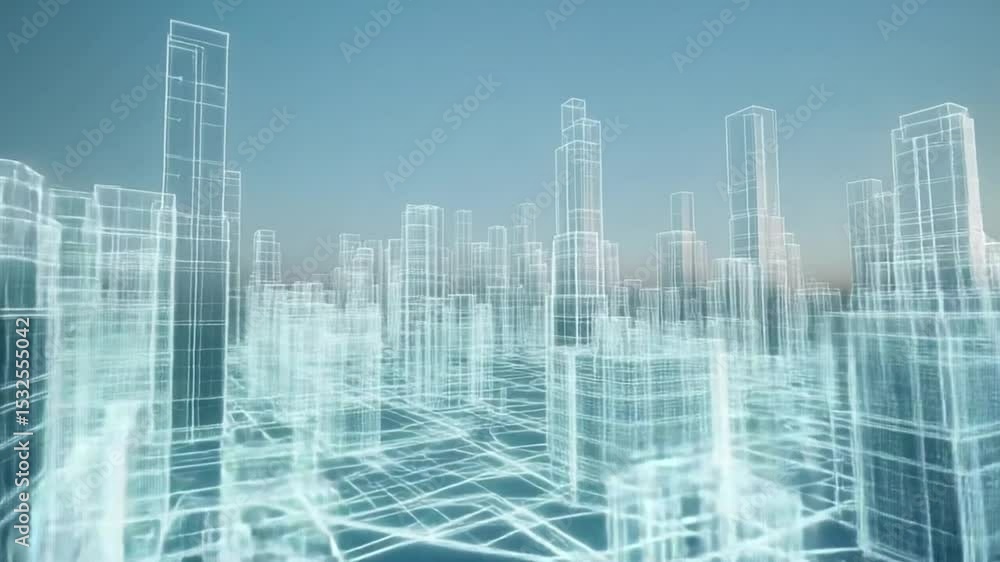 Poster futuristic digital cityscape: abstract wireframe urban design visualization loop