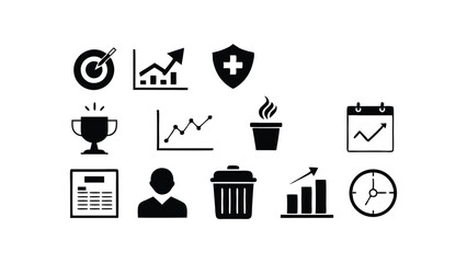 Mixed business and productivity icons with clipboard, health shield, coffee, person, and chart in bold black silhouette style for office, wellness, and corporate visuals.